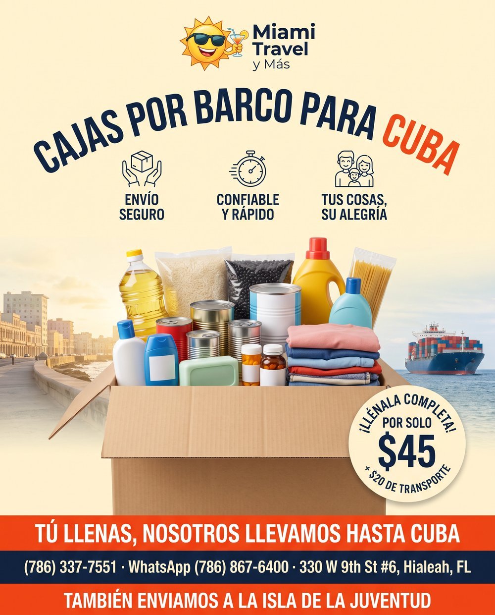 Cajas por barco para Cuba por solo $45: caja llena de aceite, arroz, frijoles, enlatados, productos de aseo, medicinas y ropa